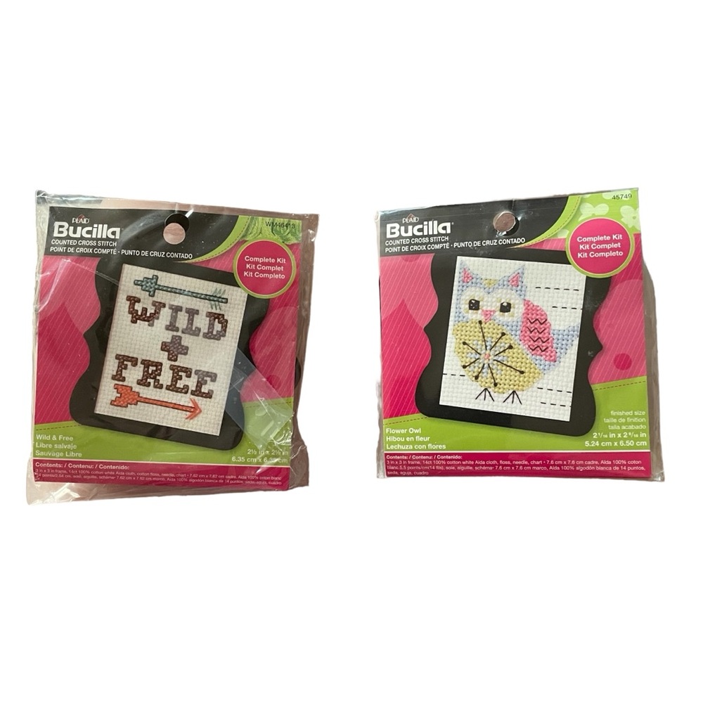 Two BUCILLA Counted Cross Stitch Frame Kits Wild + Free AND Flower Owl